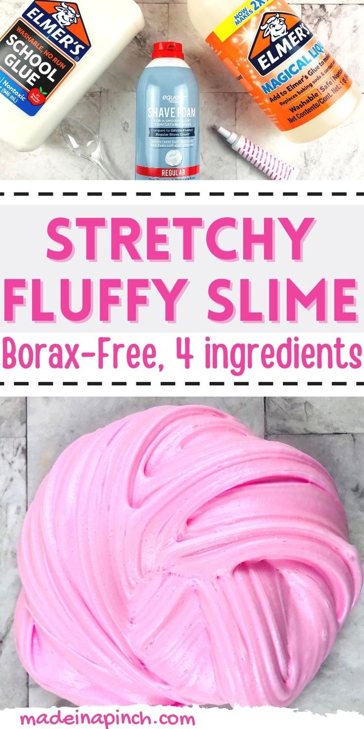 a pink slime with the text stretchy fluffy slime borax - free, 4 ingredients