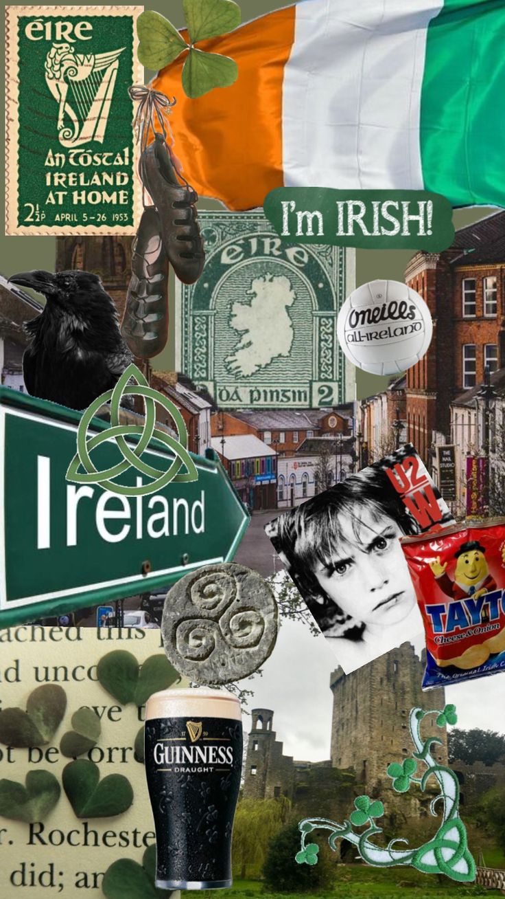 collage of irish symbols including beer, street signs and flags