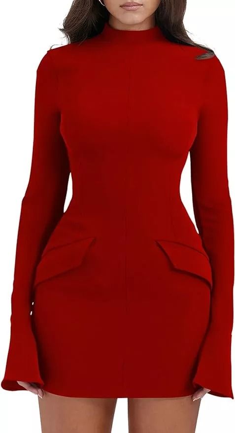 YMDUCH Women's Long Sleeve Mock Turtle Neck Bodycon Mini Tank Short Party Dress | Amazon (US) Corporate Gowns, Mini Red Dress, Classy Short Dresses, Corporate Dress, Mock Turtle Neck, Chic Dress Classy, Dinner Dress Classy, Beige Dress, Short Party Dress