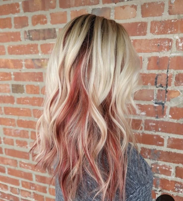 Blonde With Colored Peekaboo, Platinum Blonde With Copper Underneath, Blonde Ideas For Fall, Fall Blonde Hair With Red, Red With Blonde Highlights Peekaboo, Blonde With Red Peekaboo Highlights, Blonde With Fun Colors Underneath, Blond Hair With Underneath Color, Blonde And Vibrant Hair