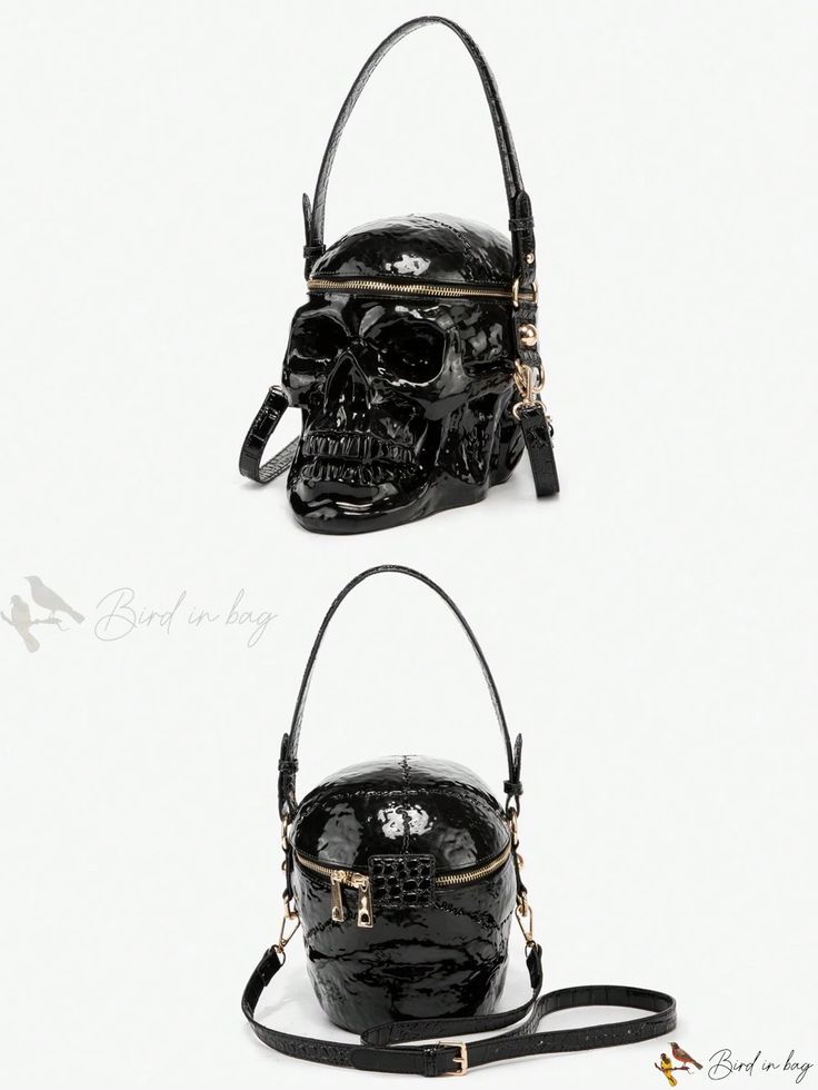 Bird in Bag - Stylish Punk & Gothic Inspired Handbag with 3D Skull Design, Ideal for Street Rock Enthusiasts and Motorcycle Lovers, Suitable for Women and Men. Halloween-themed Antique Copper/Black/Gun Skull Patterned Pu Leather Bag, Featuring Ample Space to Safely Store Your Smartphone Black Zipper Closure Shoulder Bag For Halloween, Black Skull-shaped Bag For Halloween, Black Skull Bag For Halloween, Black Skull-shaped Bag With Skull Print, Black Skull Print Bag For Halloween, Black Halloween Bag With Skull Print, Black Halloween Bags With Skull Print, Gothic Skull-shaped Bag With Skull Print, Gothic Black Shoulder Bag With Skull Print