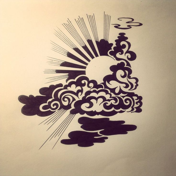 a drawing of clouds and sun in the sky