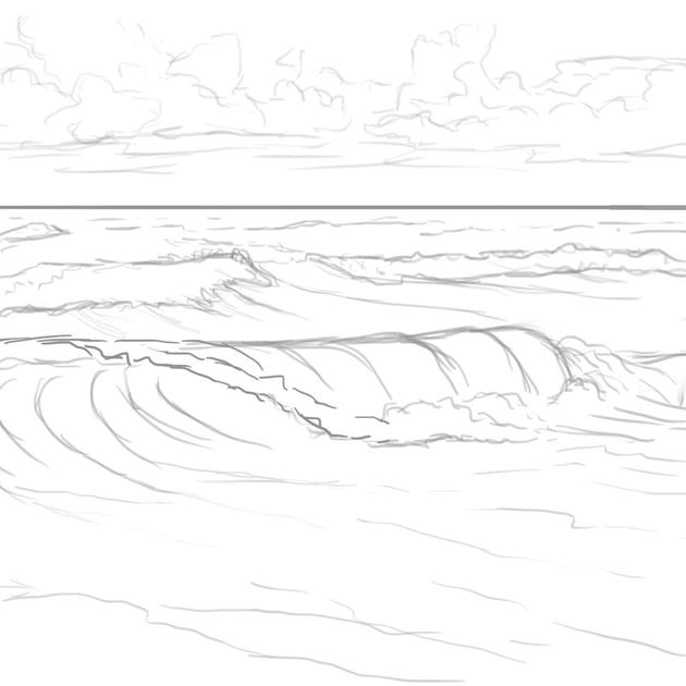 a line drawing of waves in the ocean