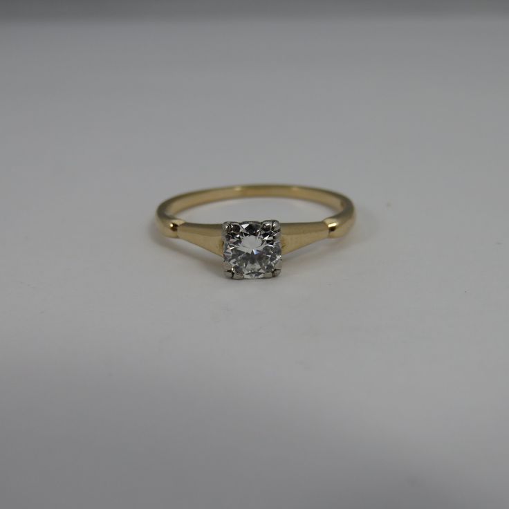 Estate vintage wedding engagement ring. 14k yellow gold. clean white 1/2 carat transition diamond. g color. clean quality stone vs1. looks good. 1.9 grams. will come with quality ring box. hallmarked with designer. Formal Cushion Cut Diamond Ring With Single Diamond, Heirloom Gold Cushion Cut Ring, Wedding Rings With Single Cushion Cut Diamond, Formal Single Diamond Cushion Cut Ring, Heirloom Solitaire Wedding Ring With Round Band, Heirloom Solitaire Wedding Ring, Classic 14k Gold Round Wedding Ring, Classic 14k Gold Diamond Ring, Timeless Hallmarked Diamond Ring For Wedding