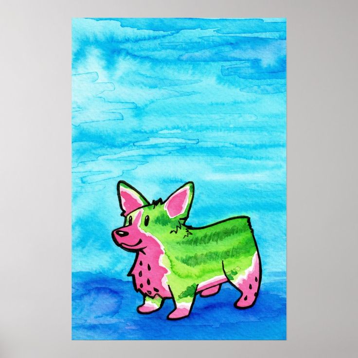 a painting of a dog in green and pink on a blue background with watercolors