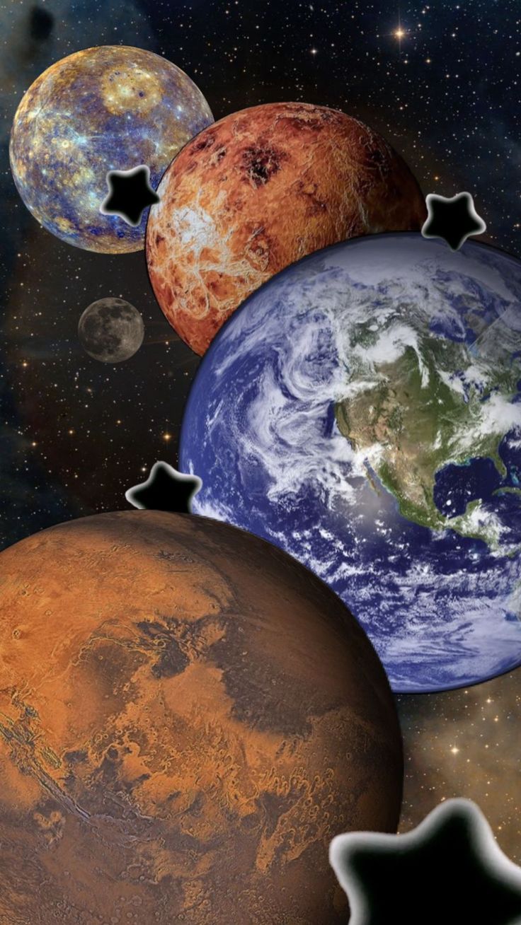 an image of the planets in space with stars around them and one planet surrounded by other planets