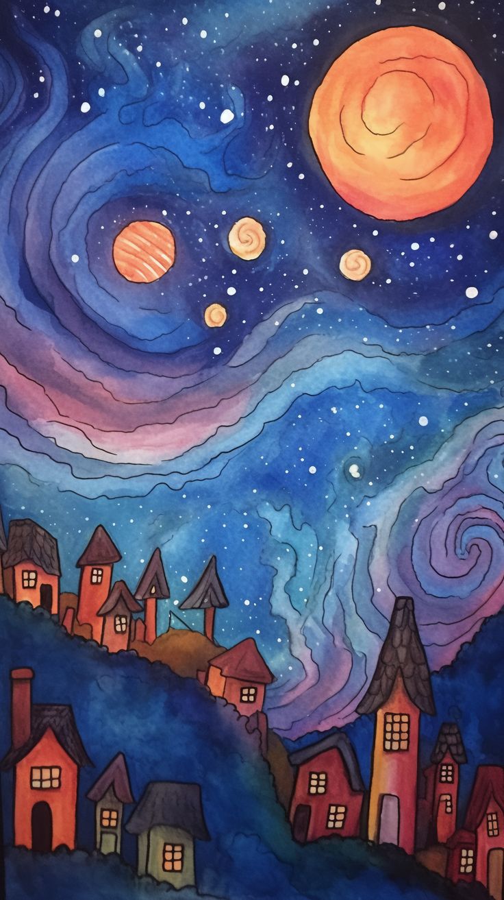 a painting of houses and the stars in the night sky with an orange moon above them