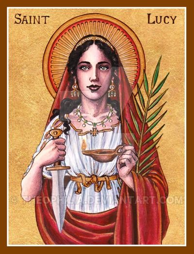 an image of saint lucia holding a bowl and spoon with palm leaves in her hand