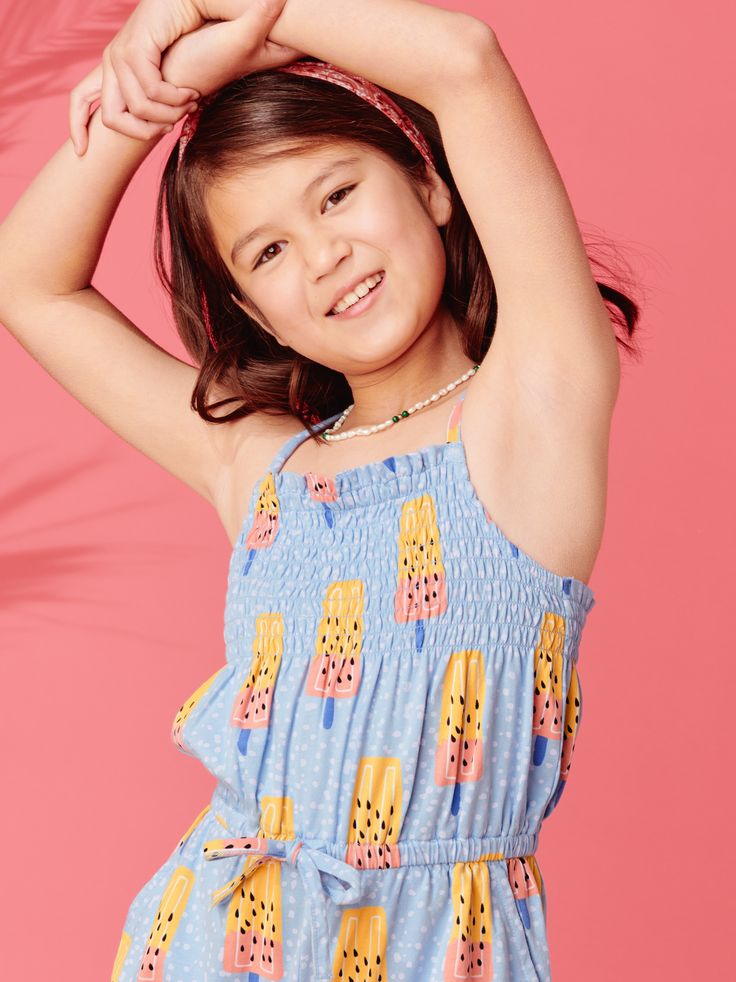 A smocked bodice and working shoulder ties make it easy to customize the fit of this cute romper. Crafted from 100% soft cotton jersey. Matching family styles are available in our Sibling Shop. Playful Summer Tops For Playdate, Spring Playful Printed Bubble Romper, Summer Playwear Tops With Elastic Waistband, Spring Playful Multicolor Jumpsuits And Rompers, Playful Multicolor Jumpsuits And Rompers For Spring, Playful Bubble Romper For Playtime, Playful Sleeveless Jumpsuits And Rompers For Playtime, Summer Printed Bubble Romper For Playtime, Cute Printed Bubble Romper For Playwear