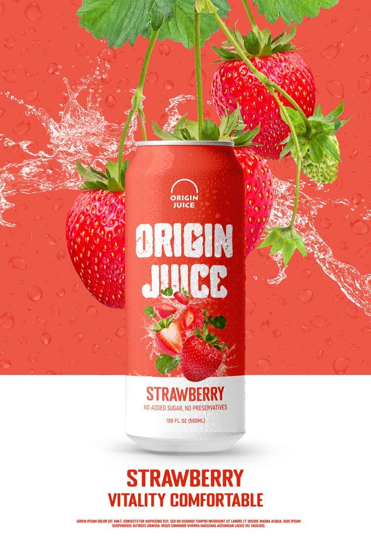 a can of strawberry juice with splashing water on it and strawberries in the background