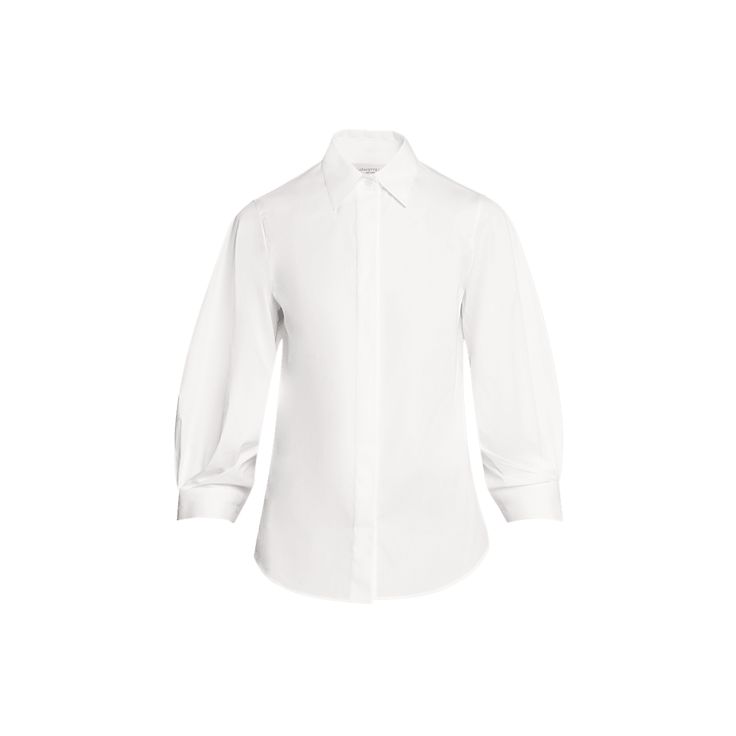 Lafayette 148 New York blouse in cotton with pleated sleeve details Approx. 25"L from shoulders to hem Spread collar; concealed button front 3/4 blouson sleeves Button cuffs Shirttail hem Slim fit Cotton Imported Classic Collared Blouse With Button Cuffs, Timeless Formal Blouse With Placket, Classic Blouse With Button Closure For Daywear, Timeless Fold Down Collar Top For Spring, Timeless Spring Top With Fold Down Collar, Classic Collared Shirt With Blouson Sleeves, Daywear Button-up Shirt With Blouson Sleeves, Classic Tops With Button Cuffs For Spring, Modern Shirt With Concealed Placket For Work