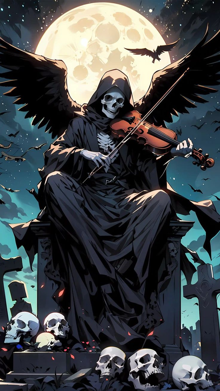 a skeleton sitting on top of a grave with a violin in his hand and skulls around him