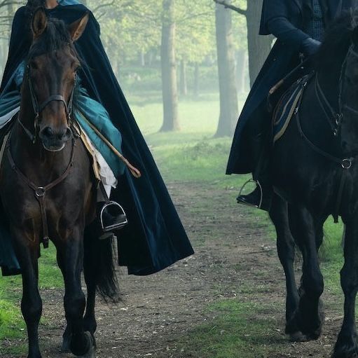 two people riding horses in the woods on a foggy day