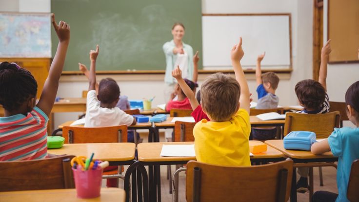 children raising their hands in class