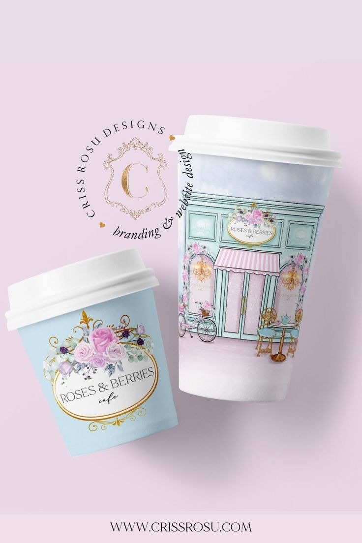 two coffee cups sitting next to each other on top of a pink background with the words,