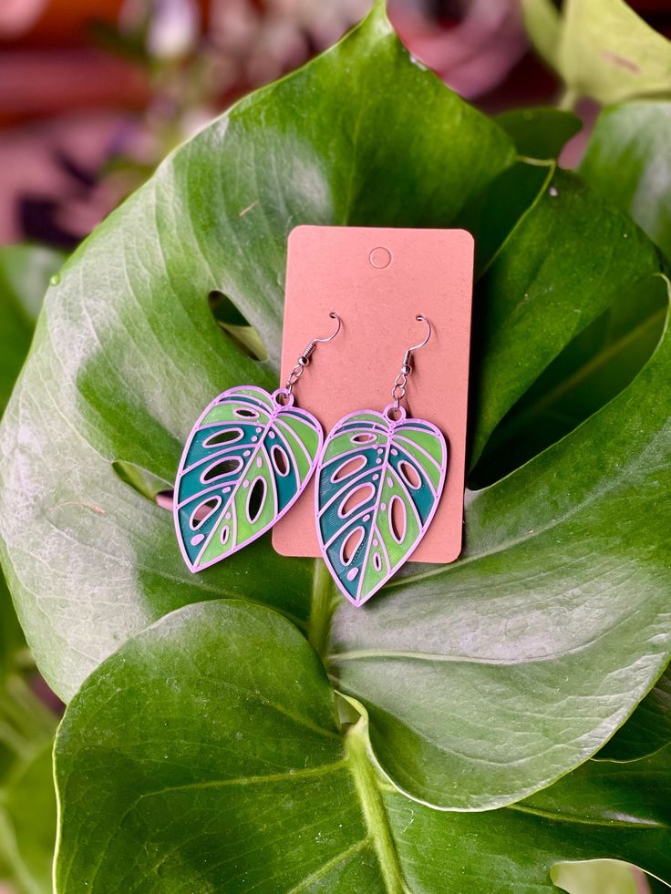 Green Leaf-shaped Earrings For Pierced Ears, Multicolor Leaf-shaped Jewelry Gift, Multicolor Leaf Shaped Jewelry For Gifts, Multicolor Leaf-shaped Earrings For Gift, Multicolor Leaf Shaped Earrings Gift, Multicolor Leaf Earrings Gift, Multicolor Leaf Earrings For Gift, 3d Printed Earrings Design, Monstera Earrings