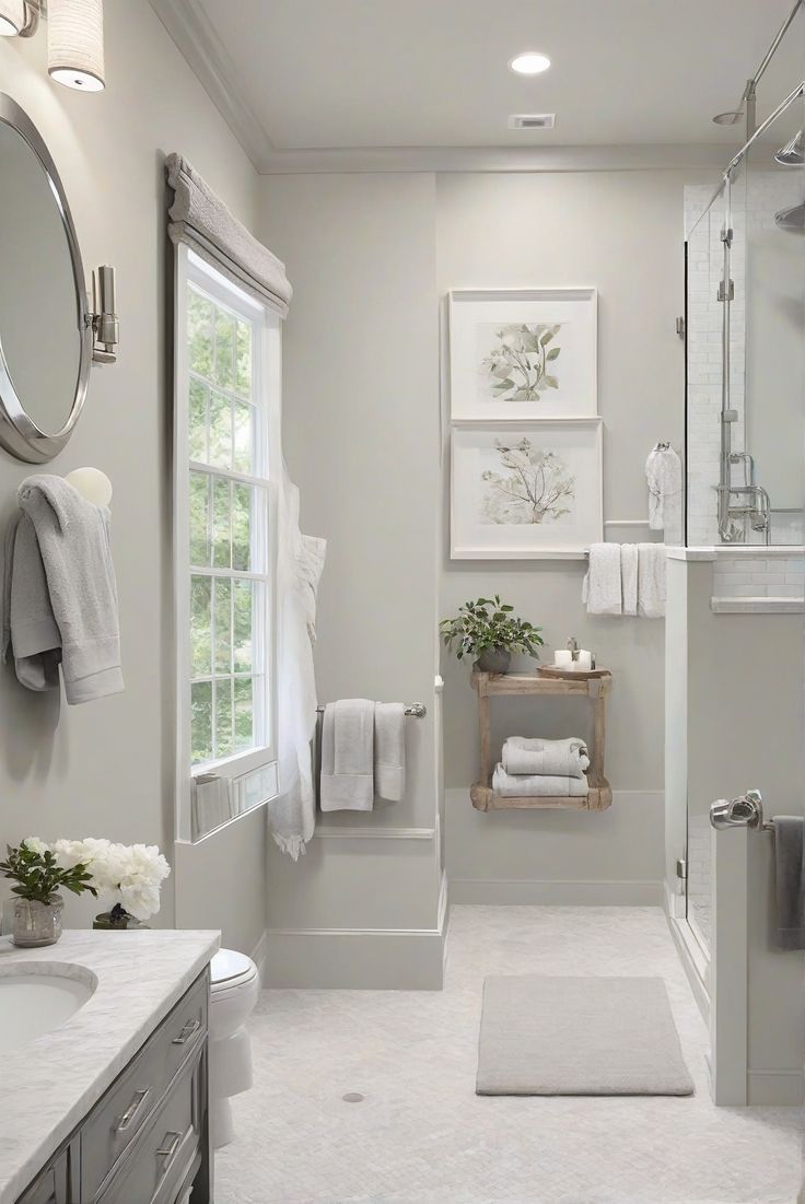 a bathroom with white towels and gray cabinets