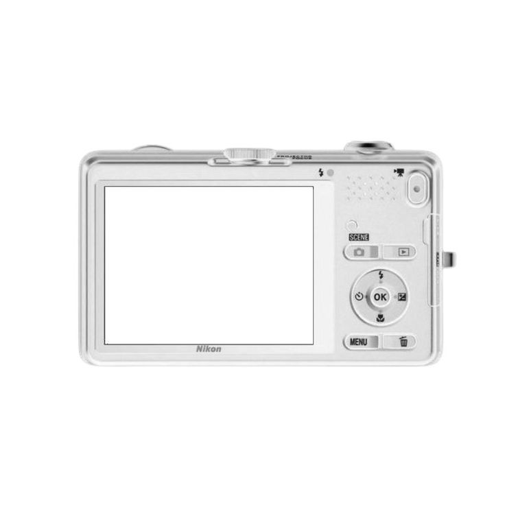 an image of a white digital camera on a white background with clipping area for text