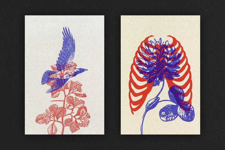 two cards with red, white and blue designs on them