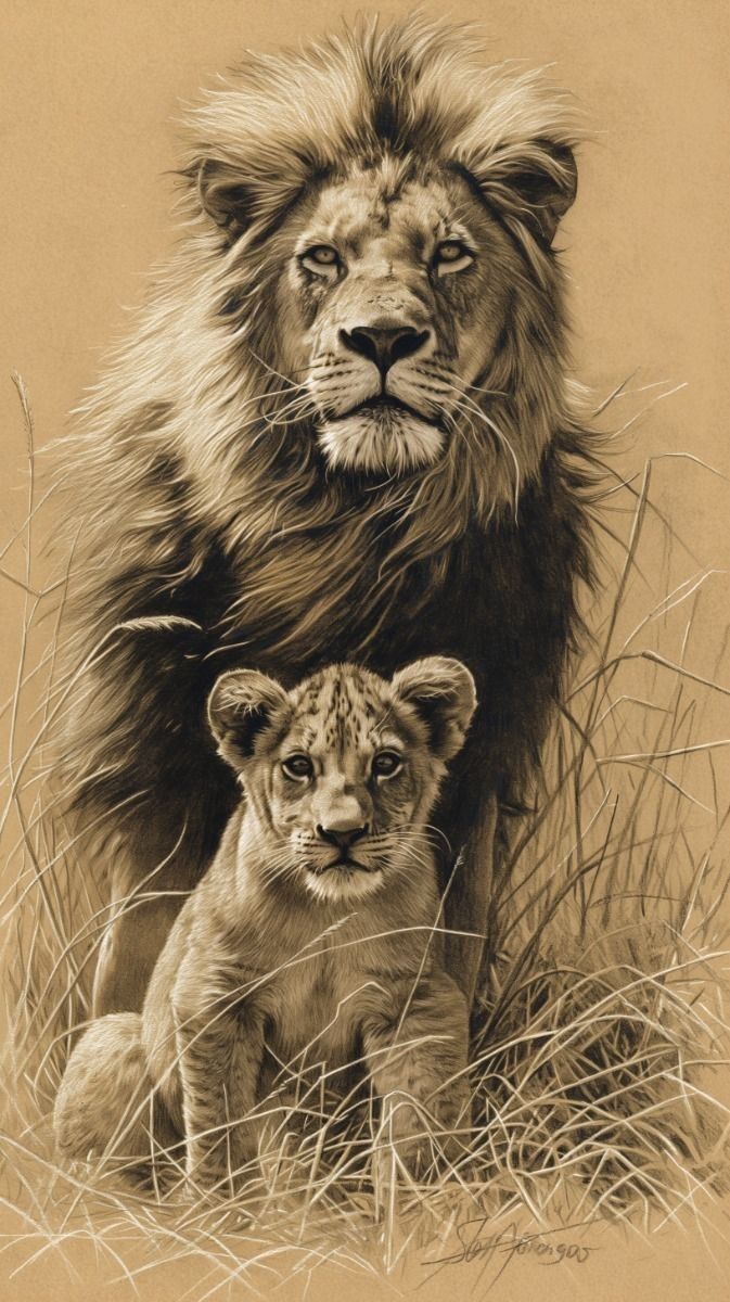 a lion and its cub are shown in this black and white drawing by artist mark taylor