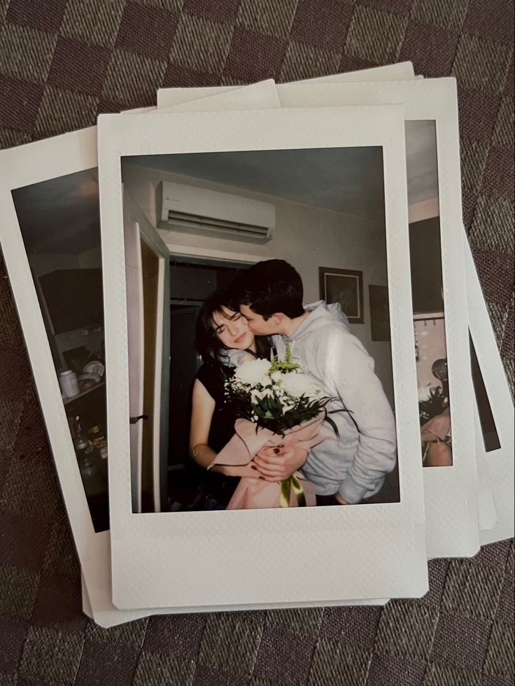 three polaroid photos of two people hugging each other with flowers in front of them