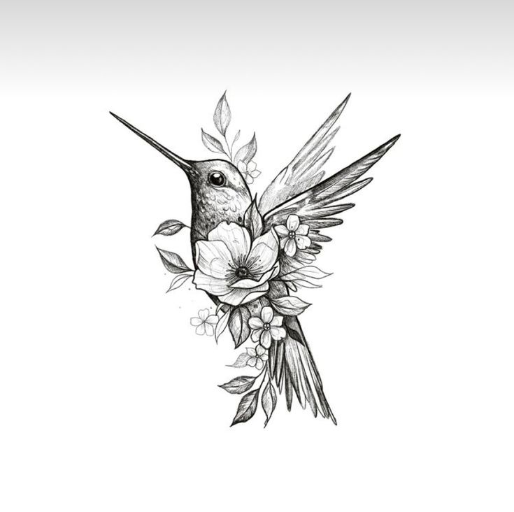 a black and white drawing of a hummingbird with flowers