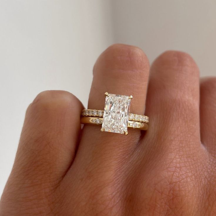 Cullen Jewellery | Custom Engagement Rings | ✨ELLIE - RING SETS✨⁠ ⁠ SWIPE 👉 �⁠ ⁠ A gorgeous Radiant Cut Solitaire with Pave Band paired with:⁠ ⁠ 💜 Arizona Hammer Set Band⁠ 💚… | Instagram Rectangle Engagement Rings, Baguette Band, Pretty Engagement Rings, Dream Wedding Ring, Radiant Cut Engagement Rings, Radiant Engagement Rings, Cute Engagement Rings, Future Engagement Rings, Custom Engagement Rings