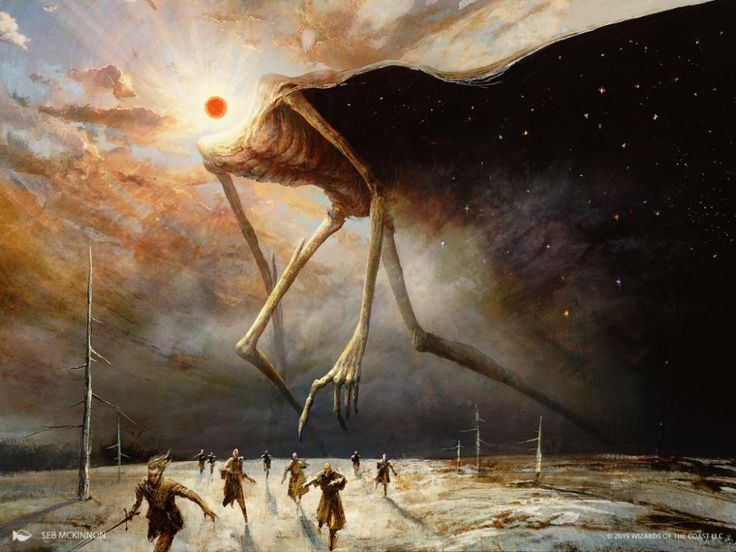 a painting of people walking in the snow with an alien like creature on their back