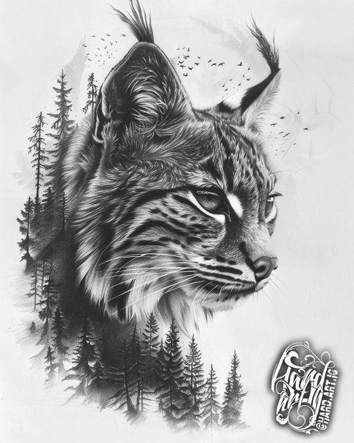 a drawing of a cat with trees in the background