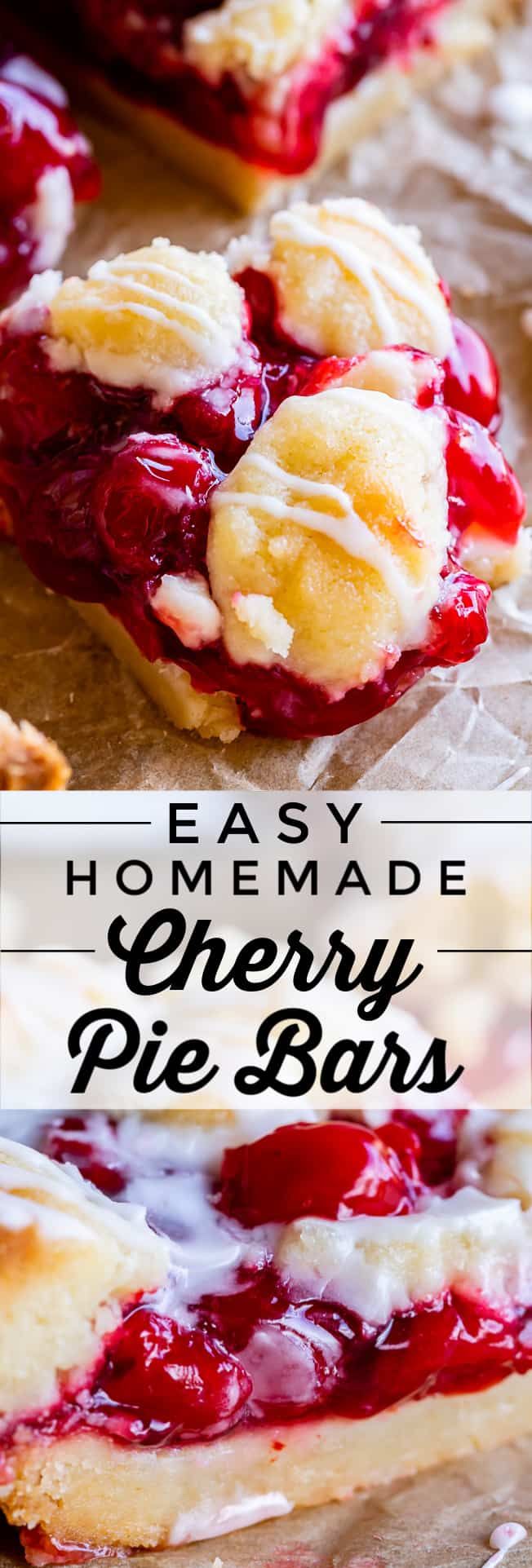 easy homemade cherry pie bars on parchment paper with text overlay that reads easy homemade cherry pie bars