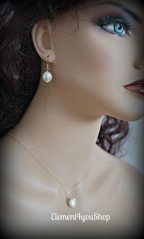 Bridal necklace earrings set 14K gold filled jewelry Swarovski image 1 Classic 14k Gold Filled Pearl White Jewelry, Simple Round Pearl Drop Jewelry, Classic 14k Gold Filled Pearl Necklace For Wedding, Simple Round Pearl Jewelry, Bridesmaid Jewelry Gold, Single Pearl Pendant, Gold Bridesmaid Jewelry, Elegant Wedding Jewelry, Coin Pearl Earrings