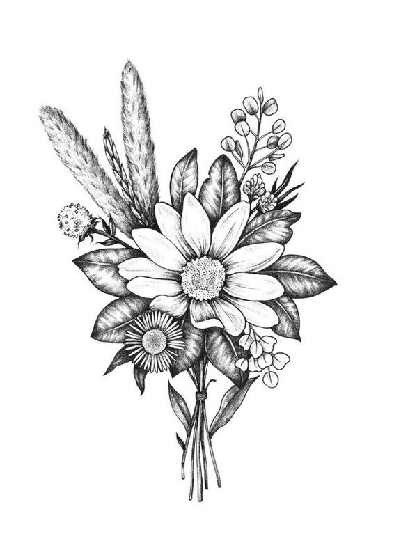 a black and white drawing of flowers