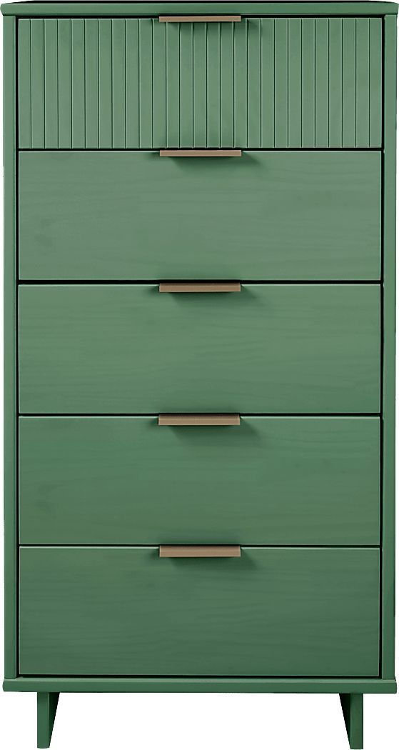 a green chest of drawers with brass handles