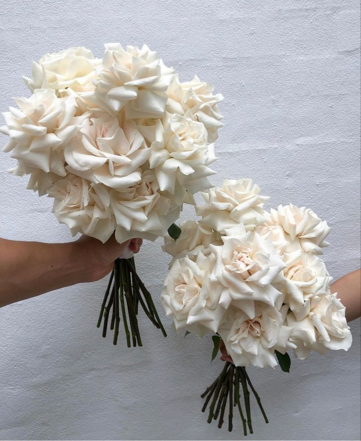 two hands holding bouquets of white flowers