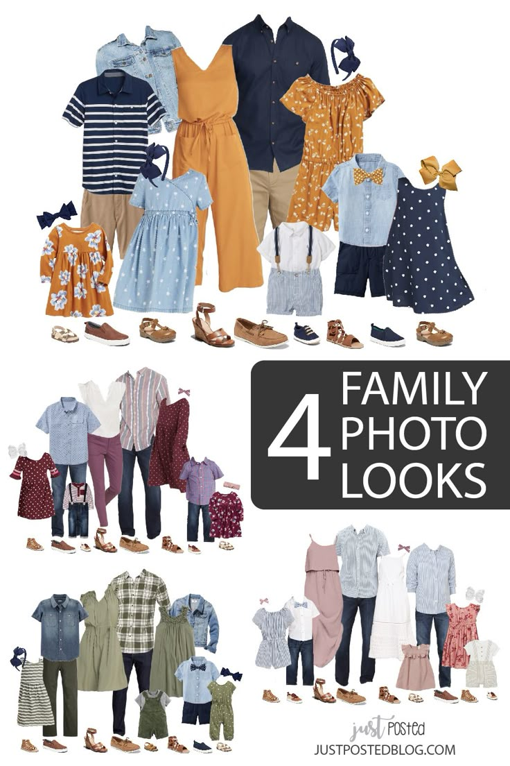 Are you looking for what to wear for family pictures? I've got you covered with 4 different family picture look options! What to wear ideas that include everything from babies to teens. Hopefully these coordinating looks will make what to wear for family photos so much easier. Each look has links included and 4 completely different color schemes for Family Pictures! Family Pictures What To Wear, Fall Family Outfits, Spring Family Pictures, Family Photos What To Wear, Family Portrait Outfits, Summer Family Pictures, Family Photo Colors, Winter Family Photos, Summer Family Photos