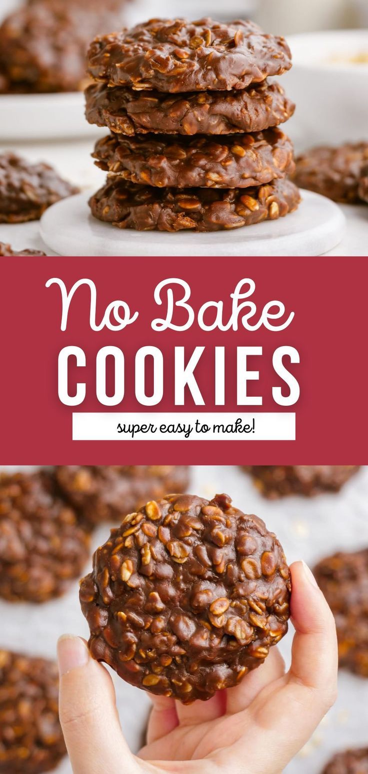 no bake cookies with chocolate chips on top and the words, no bake cookies super easy to make