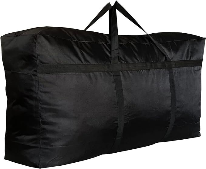 a large black duffel bag hanging from the side on a white background with clippings