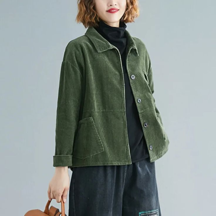 Ladies Women Corduroy Coat Jacket Pockets Button Loose Casual Lapel Cardigan Top | eBay Green Corduroy Jacket Outfit, Brooke Core, Corduroy Sport Coat, Corduroy Coat, Spring Coat, Tops Casual, Coat Design, Cardigan Top, Loose Tops