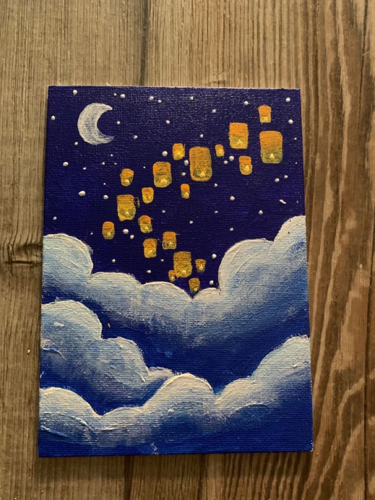 an acrylic painting of clouds with yellow squares floating in the sky at night