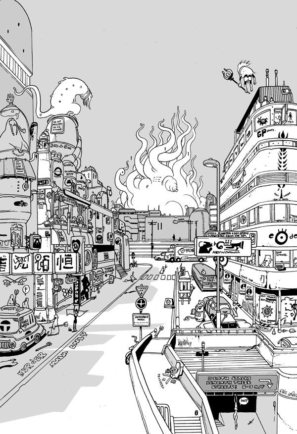 a black and white drawing of a city street with lots of buildings on both sides