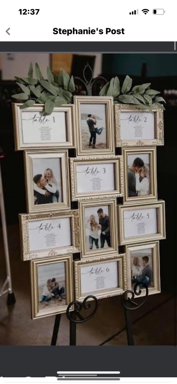 a bunch of pictures are hanging on a easel with the names and date in them