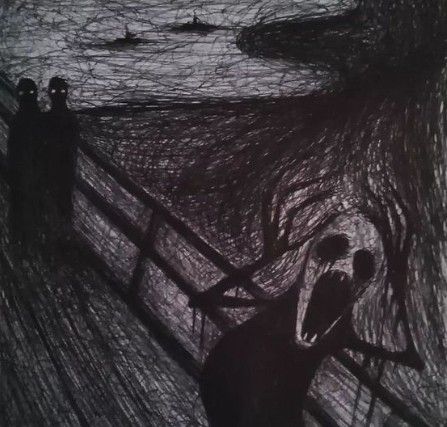 a drawing of two people standing on a bridge looking at the water with their mouths open