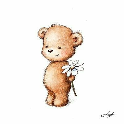 a drawing of a teddy bear holding a flower