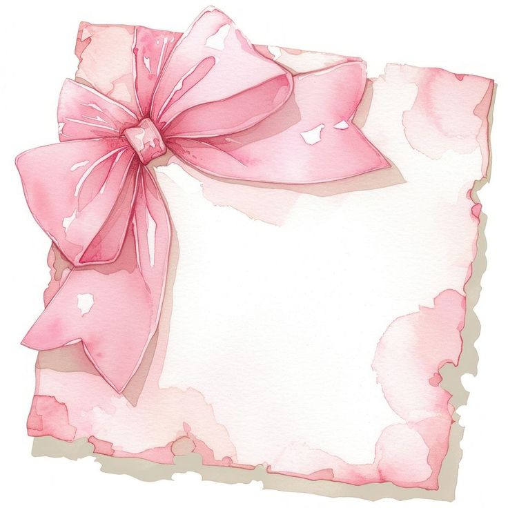 a watercolor drawing of a pink bow on top of a piece of paper with torn edges