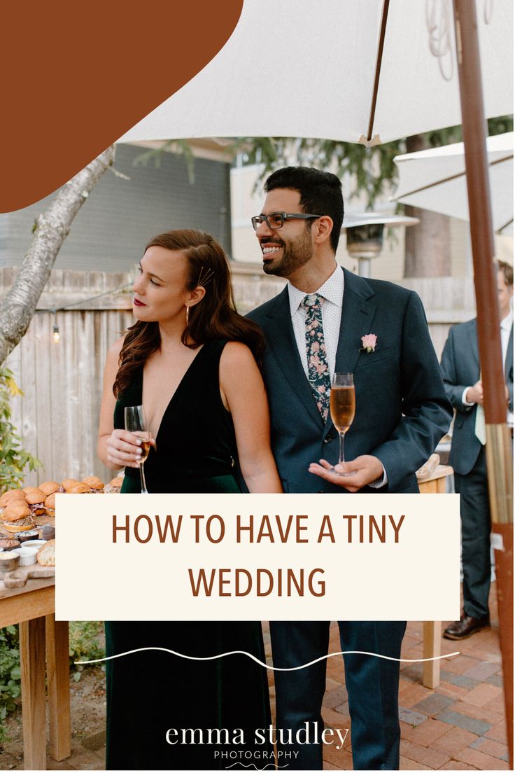 a man and woman standing next to each other under an umbrella with the words how to have a tiny wedding