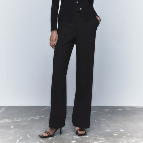 Brand New, Never Worn, With Tags Black Wide Leg Office Pants, Office Wide Leg Black Pants, Classic Black Leather Pants, Elegant Black Straight Leg Pantsuit, Black Wide-leg Pants For Office, Tailored Wide Leg Black Pants, Classic Black Pants For Fall, Classic Wide-leg Pants For Party, Elegant Leather Pants For Fall