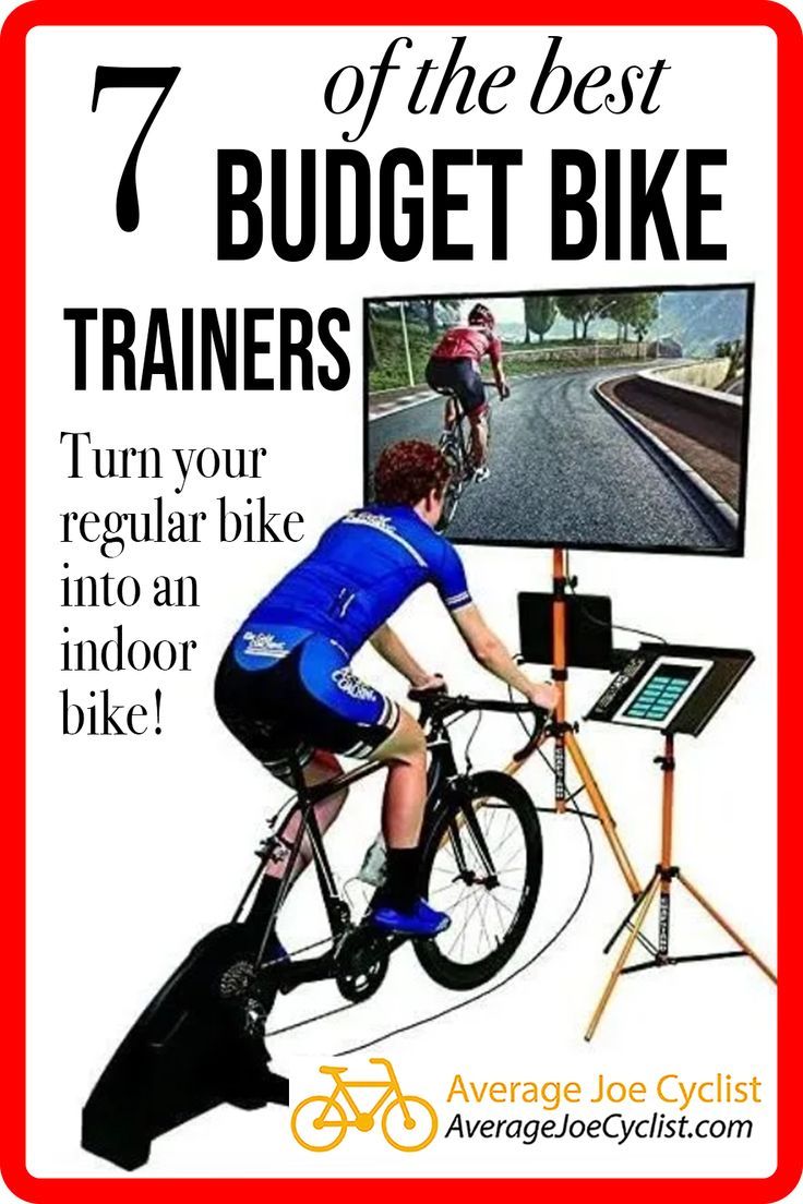 a man riding a bike next to a tv on a wooden easel with the words 7 of the best budget bike trainers turn your regular - like into an indoor biker