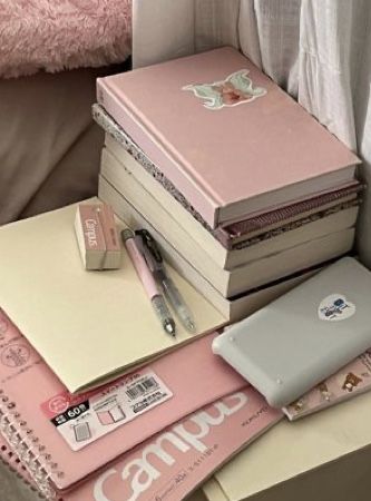 a stack of notebooks sitting on top of each other next to a pink pillow