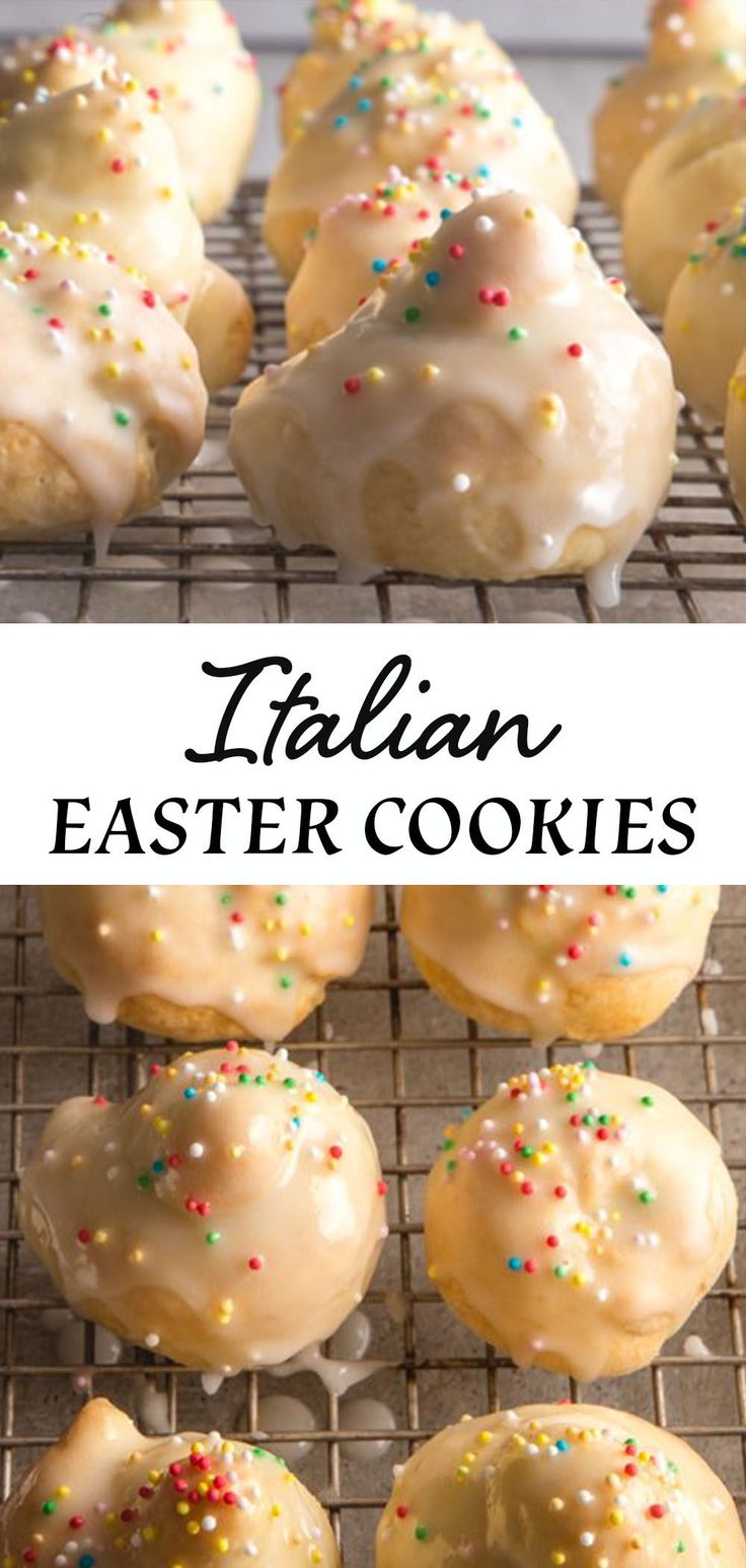 italian easter cookies with white icing and sprinkles on a cooling rack