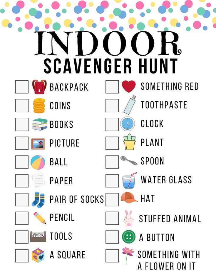 an indoor scavenger hunt with the words in black, white and blue on it